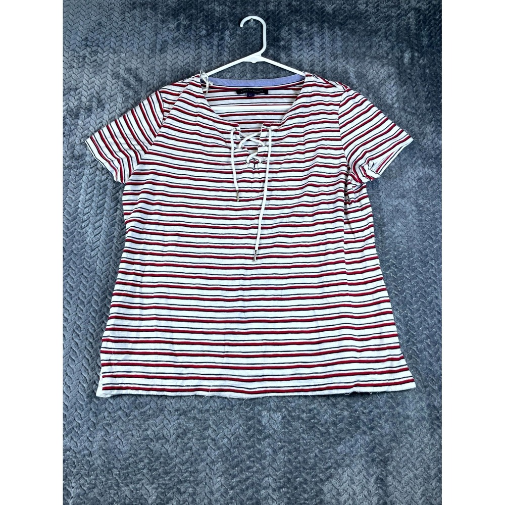 Tommy Hilfiger T-Shirt Top Womens Large White Red Striped Cotton Lace Up V-Neck